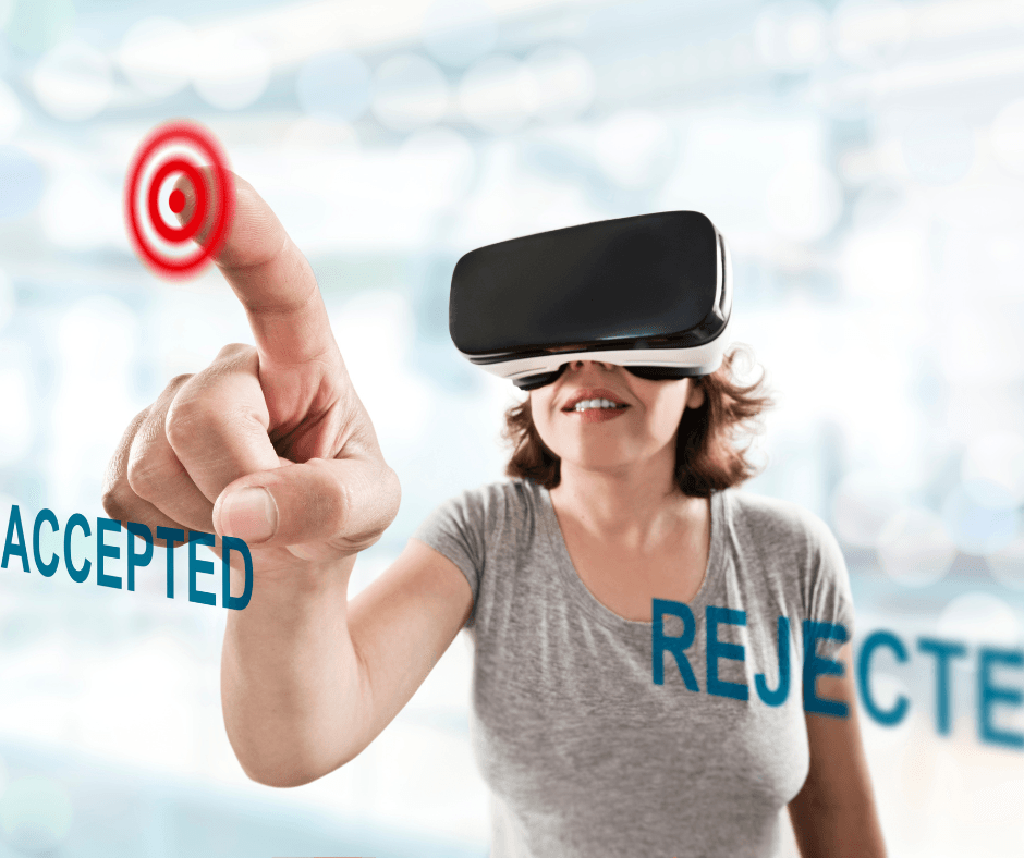 Woman in virtual reality goggles making a choice between accepted and rejected.